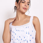 Detail shot of pleated neckline and crochet straps on the Palm Print Strappy Nightie by The Foundation Close up.