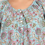 Detail view of neckline with buttons and gathered fabric in aqua floral print.