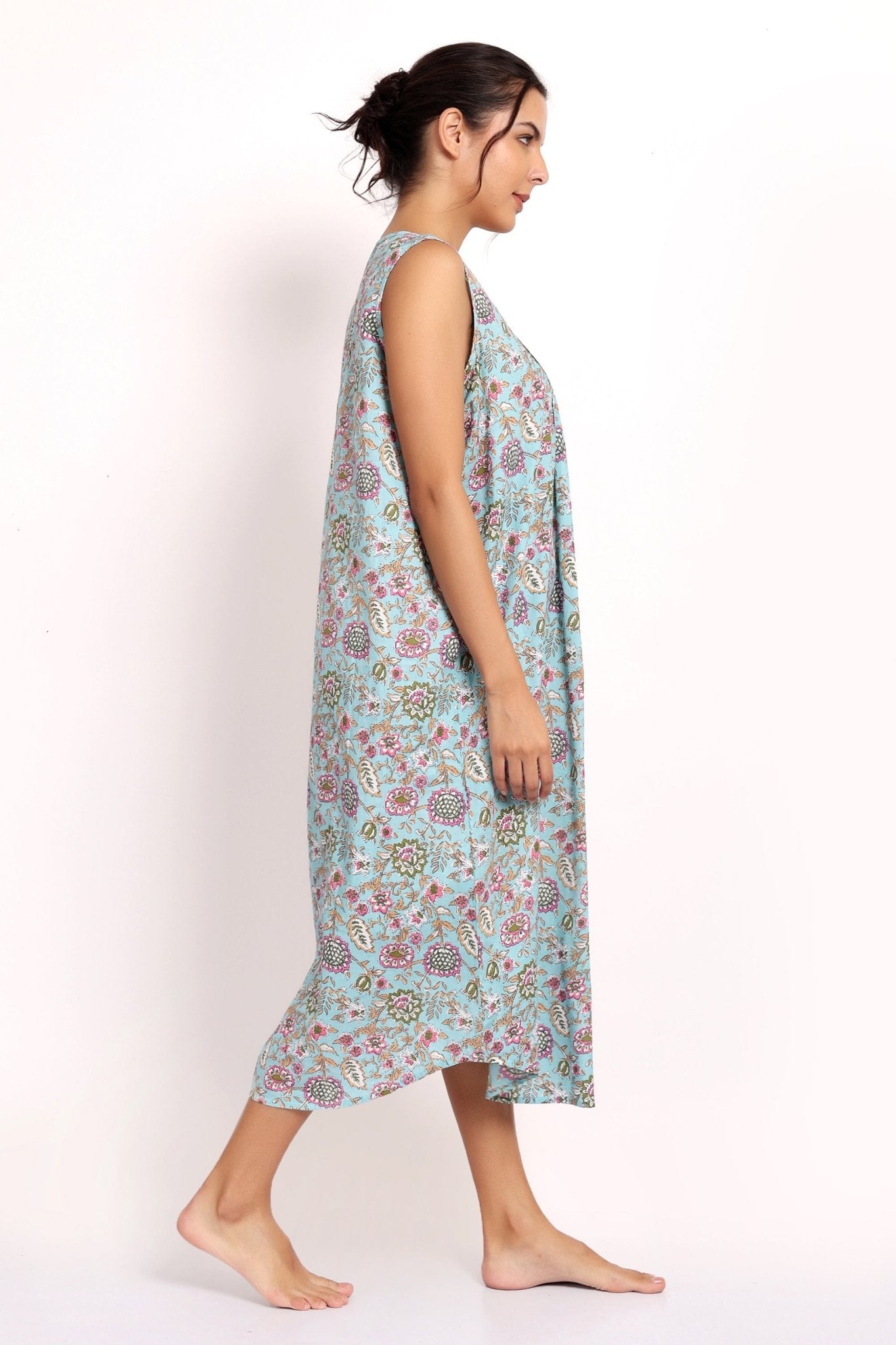 Side view of the Bloom Sleeveless Nightie showing movement and summery ease.