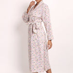 Side profile of model walking in the Gatsby robe, showing robe length and soft drape.