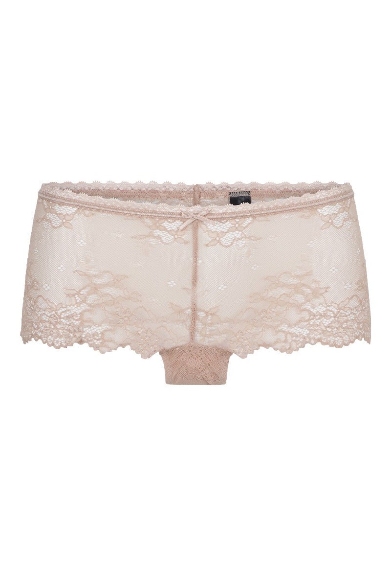 Flat lay of LingaDore Daily Lace Hipster Brief Blush, delicate blush pink lace hipster underwear.