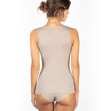Back view of EGI wool and silk camisole in beige, showcasing full coverage and ribbed detail.