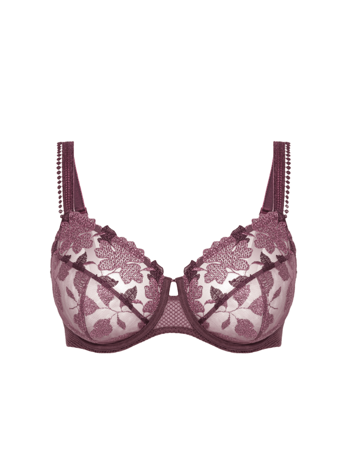 Flat lay image of the Dahlia Full Cup Control Bra Byzantine, showing embroidered lace and design, available at The Foundation.
