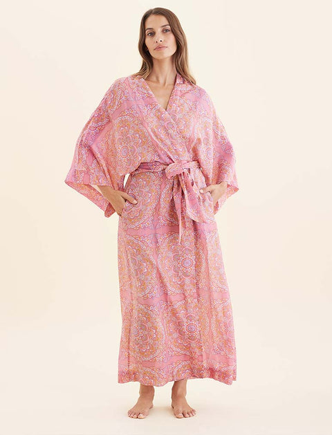Ines Silk/Cotton Kimono Maxi Robe French Rose