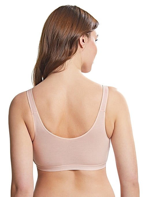 Back view of Royce Comfi Cotton Wirefree Press Stud Front Open Bra Blush, highlighting wide band and smooth cotton finish, available at The Foundation.