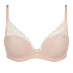 Flat lay of Chantelle Norah Chic Plunge T-Shirt Bra Dusky Pink laid flat showing modern lace and eco-friendly design.