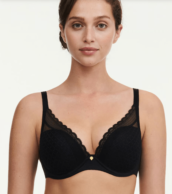 front view of model in Chantelle Norah Chic Plunge T-Shirt Bra Black adjustable straps and feminine jewel detail.