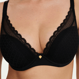 Close-up of graphic lace and jewel detail on Chantelle Norah Chic Plunge T-Shirt Bra Black modern eco-friendly lingerie.