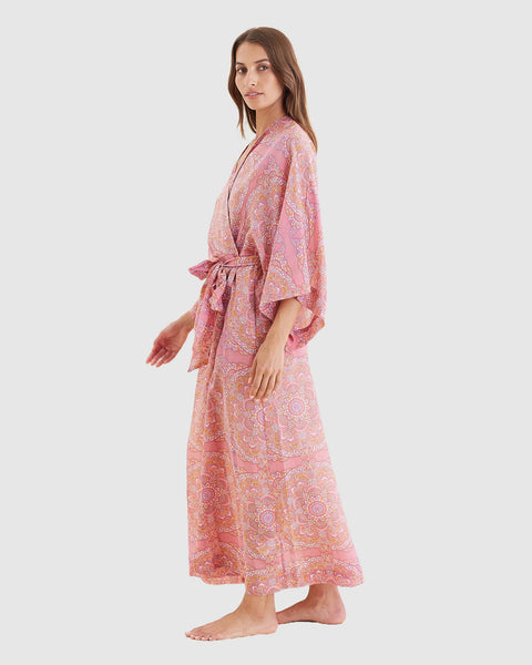Ines Silk/Cotton Kimono Maxi Robe French Rose