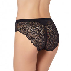 Back view of the Janira Belle Cotton Milano Brief in Black with elegant floral lace and a mid-rise cut for seamless, stylish support.