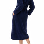Givoni Dimple Fleece Mid Length Button Gown in Navy Blue, featuring a stand collar, tie belt, and cosy angel fleece fabric – available at The Foundation.