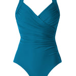 flat image of cross over aegean blue one piece swimsuit