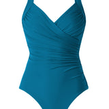 flat image of cross over aegean blue one piece swimsuit