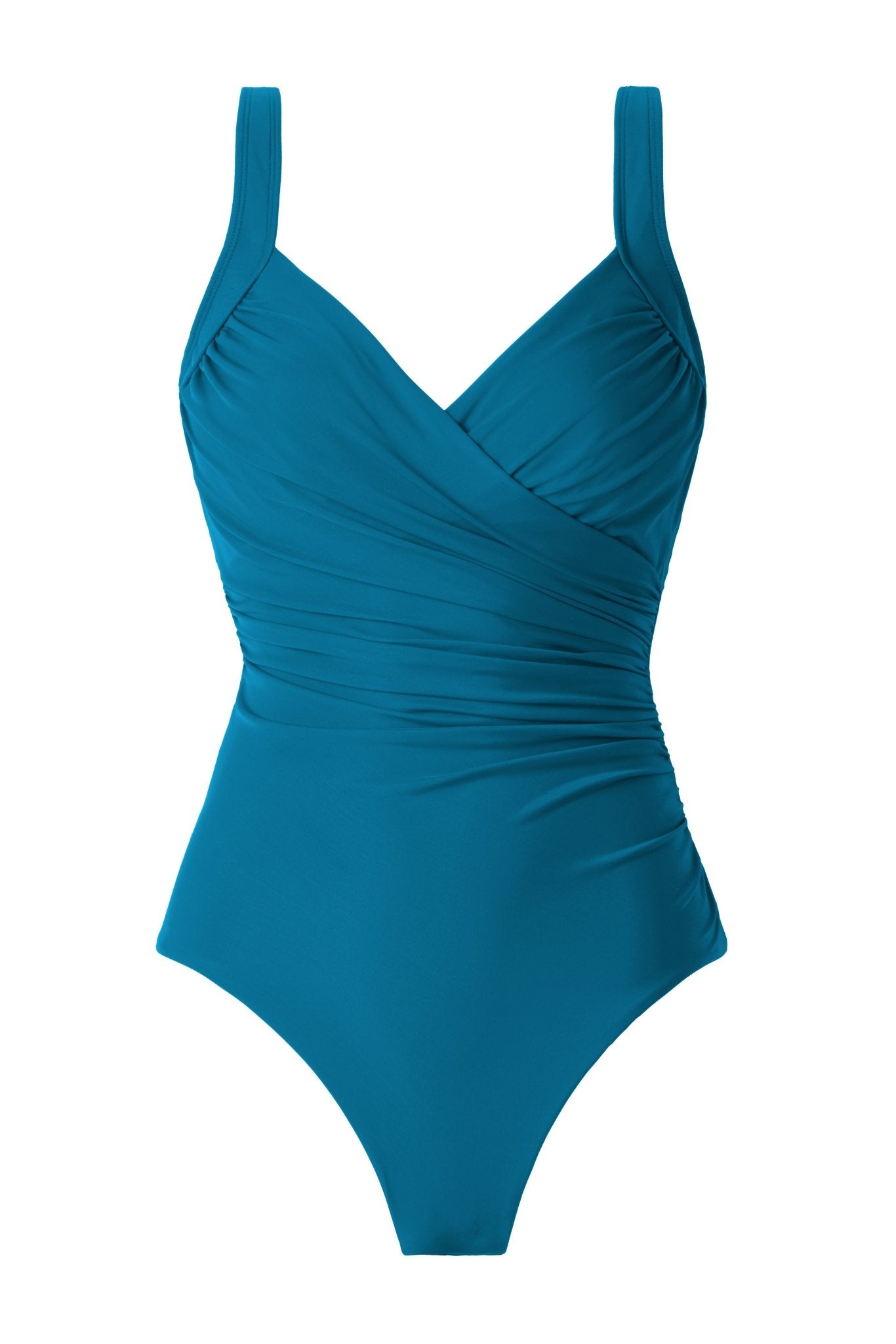 flat image of cross over aegean blue one piece swimsuit