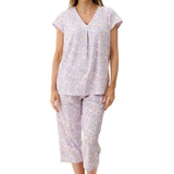 Front view of Givoni Hope Capri Pyjama in pink floral bamboo blend, showing V-neck top and matching capri pants with pockets.