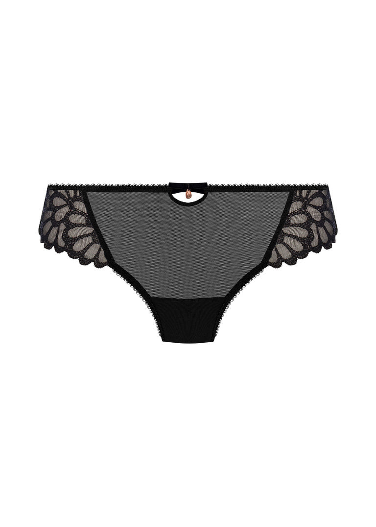 Freya Loveland Brief Bombshell Black, art deco lace, keyhole and gemstone detail, seamless finish, flat lay product image.