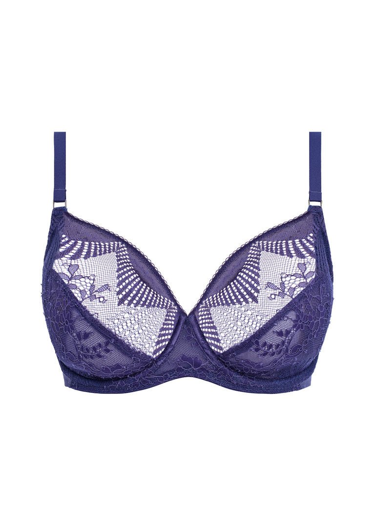 Flat lay of Wacoal Sensu Lace Underwire Bra Dark Azure laid flat highlighting elegant lace, full cup shape, and contemporary silver trim.