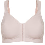 Flat lay of the London Wirefree Front Close Bra Sand – seamless, moulded cups and front clasp for everyday ease.