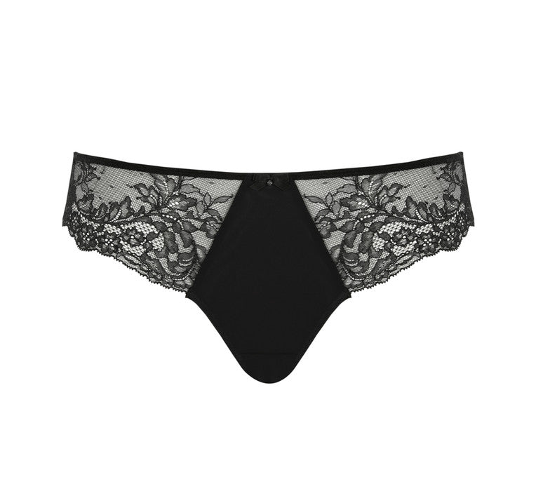 Flat lay of Panache Ana Thong Black—delicate lace design and elegant bow, available at The Foundation Australia.