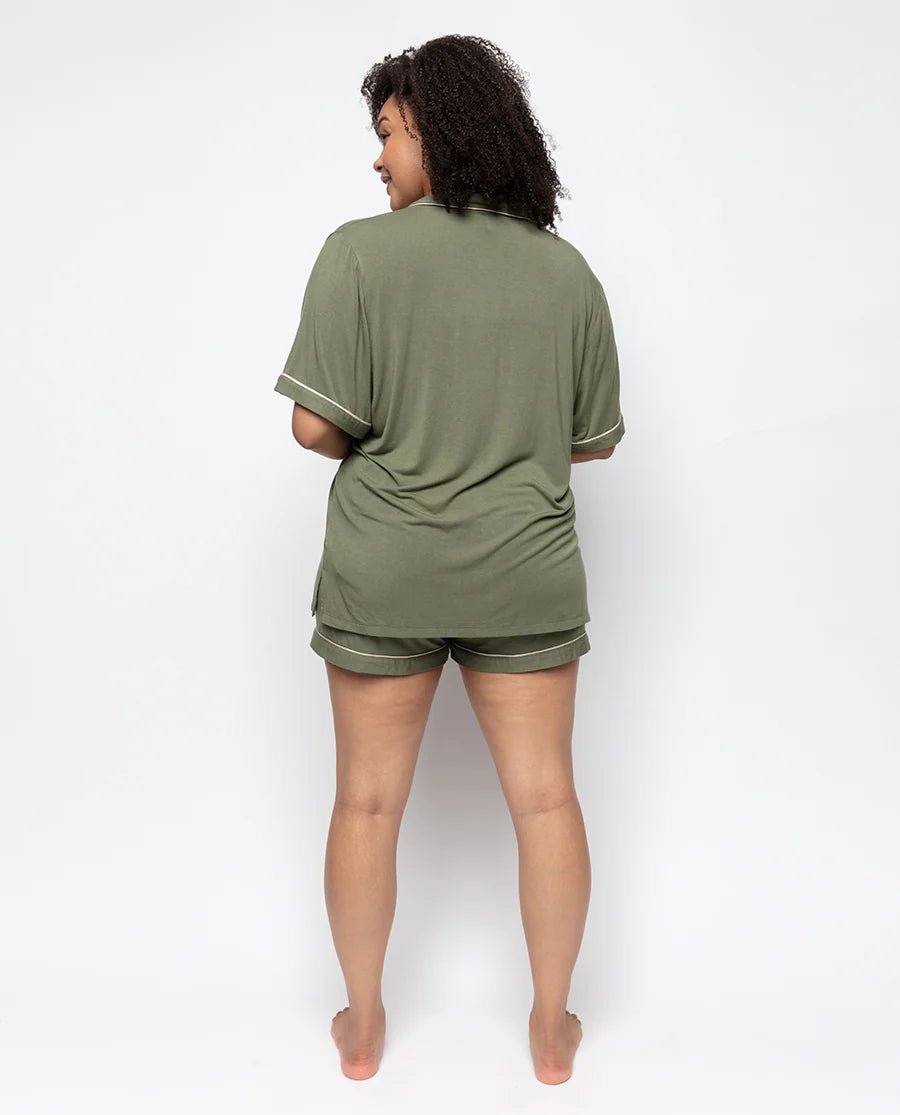 Back view of the olive Cyberjammies set showing relaxed silhouette and elasticated waistband.