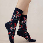 Navy Blue Cotton socks for women with rocking horses printed