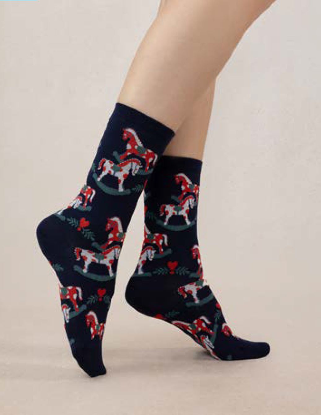 Navy Blue Cotton socks for women with rocking horses printed