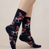 Navy Blue Cotton socks for women with rocking horses printed