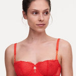 Front view of The Foundation’s Waltz Half Cup Balcony Bra in Bright Poppy – demi cut with floral lace and vertical seaming for lift and femininity.