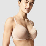 Model in Chantelle Parisian Allure Covering Bra in Nude from The Foundation, showing semi-sheer cups, low plunge, and racerback-friendly straps. side view
