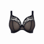 Flat lay of Elomi Charley Underwire Plunge Bra Jet Black, close-up of floral lace embroidery and light mesh details.