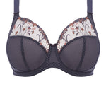 Flat lay of Elomi Charley Underwire Plunge Bra in Storm featuring lace and metallic thread detailing.