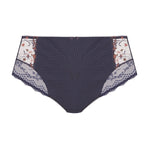 Flat lay of Elomi Charley Full Brief in Storm showing diamond mesh and embroidered floral lace panels.