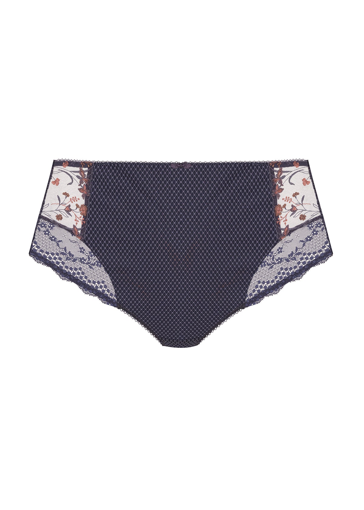 Flat lay of Elomi Charley Full Brief in Storm showing diamond mesh and embroidered floral lace panels.