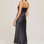 Back view of Ginia Silk Lace Slip in navy, showing bias cut and French seam finish.