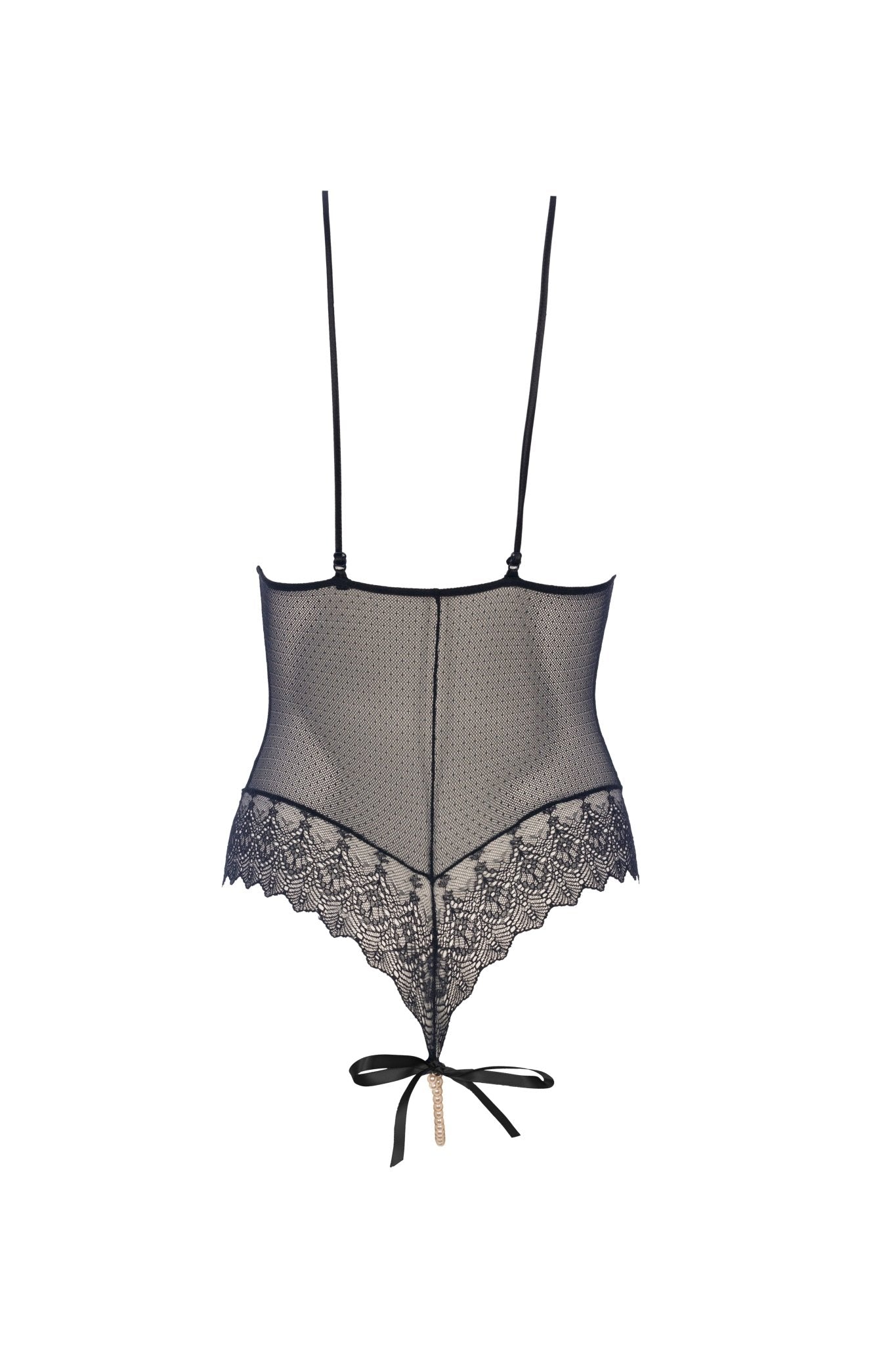 Back view of Geneva Pearl Thong Bodysuit Black by BRACLI laid flat showing lace-up design and pearl thong.