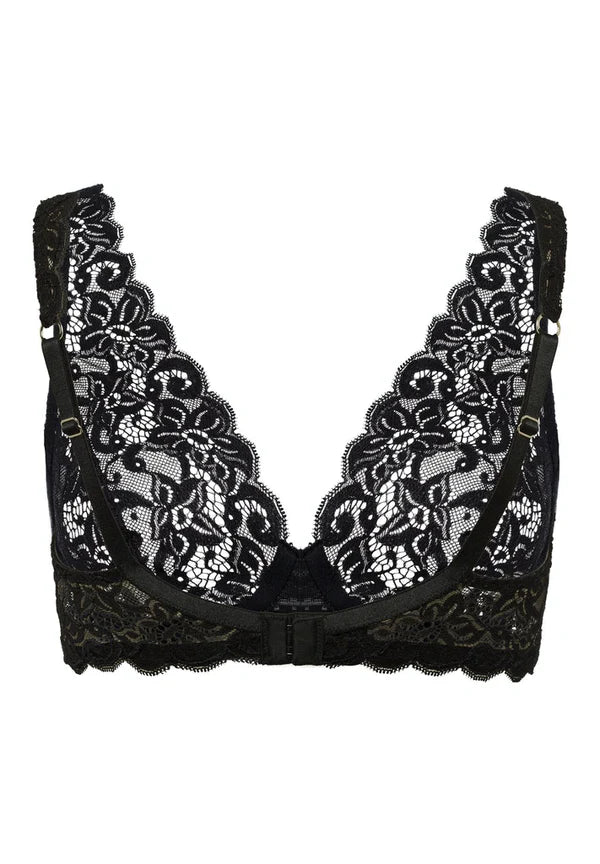 Back View of Black lace bra on a white background