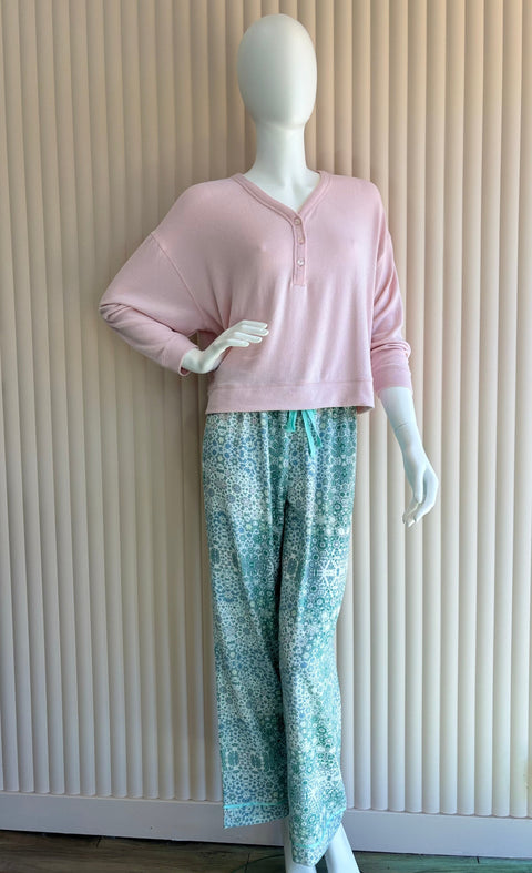 Amira Feather Soft Henley PJ Set Papinelle Pink/Teal