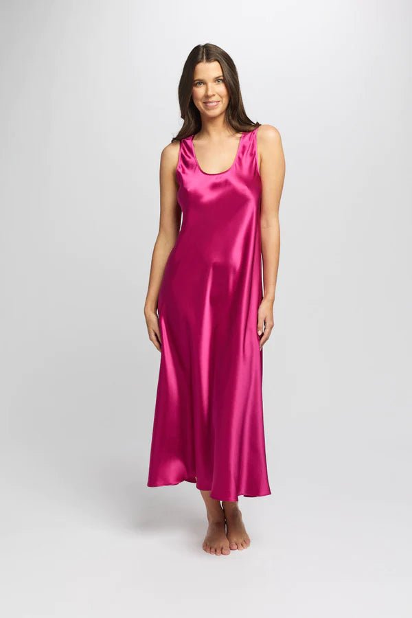 Front view of Full-length cerise silk nightie with flattering scoop neckline and wide shoulder straps.