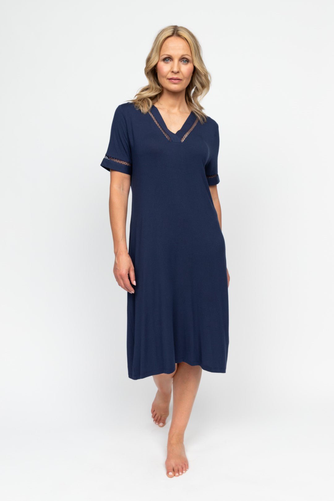 Nora Rose Louisa Lace-Detail Jersey Short Nightdress front view, showing V-neckline with lace inserts and relaxed silhouette.
