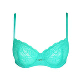 Flat lay of vivid green Melipha Balcony Bra with underwire support, showcasing vertical seams and floral lace.