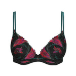 Marie Jo Yoly Heart Shaped T-Shirt Bra in Jewel Green with fuchsia lace, lightly padded with embroidered cups and bold contrast trims.