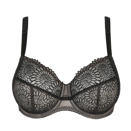 PrimaDonna Sophora Full Cup Bra Black, flat lay of front, displaying signature lace and removable straps, exclusive at The Foundation.
