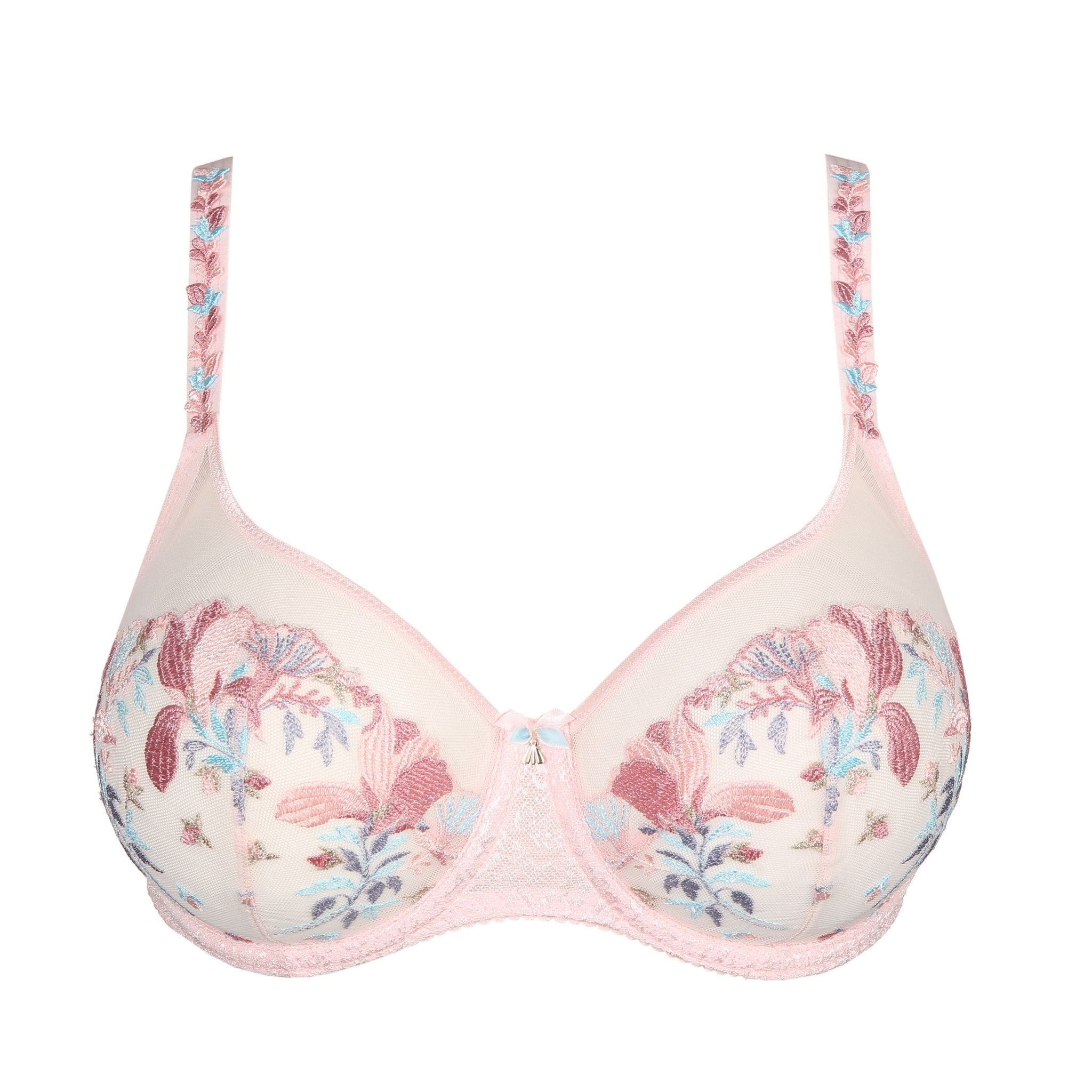 Prima Donna Mohala Balcony Bra Pastel Pink, lace embroidered bra in pale blue and pink, detailed flat lay, The Foundation.