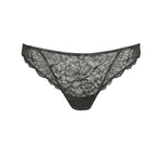 Flat lay of the Marie Jo Manyla Thong in Night Grey, soft floral lace.