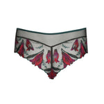 Marie Jo Yoly Luxury Thong Brief in Jewel Green with fuchsia embroidery and lace trim, sheer panels and delicate detailing.
