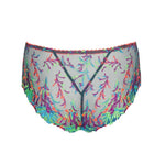 Back view flat lay of Las Salinas Thong – transparent mesh and colourful thread detail highlighting the design.