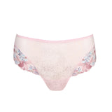 Mohala Luxury Thong Brief pastel pink flat lay from The Foundation, showing off the lace texture and embroidered front panel