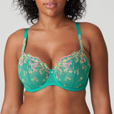 Front view of Lenca Balcony Bra Sunny Teal from The Foundation, showing floral embroidery and bold tropical green with ochre and fuchsia highlights
