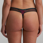 Marie Jo Yoly Thong Brief in Jewel Green with floral embroidery, tulle back, and microfiber front panel.