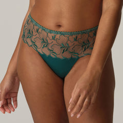 PrimaDonna Springdale Luxury Thong Briefs in Jasper Green with embroidered front, high waist panel, and sheer tulle back.